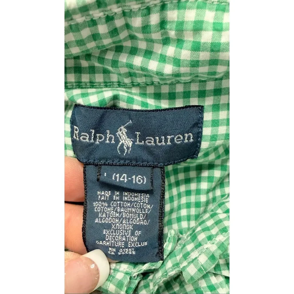 Ralph Lauren Boys Green/White Gingham Check Button Down Shirt Sz. 14-16 Latge